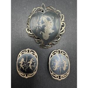 Vintage Siam Niello Etched Black Enamel Sterling Silver Pin & Clip Earring Set